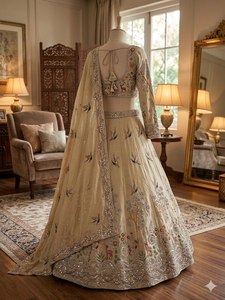 Lehenga Choli Tradicional de Diseñador, en Satén de Seda Naranja, con Falda Acampanada, Dupatta Cancan, Listo para Usar en Verano, para Fiestas y Bodas - Product Image 3
