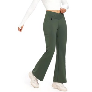 Pantalon de jogging décontracté pour femme, brodé, taille haute, évasé, doublé polaire thermique, extensible, avec poches, pour l'hiver et les activités de plein air - Product Image 1