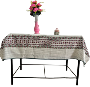 Mantel de Algodón Estampado a Mano: Rayas Florales, Estilo Boho para Comedor - Product Image 1