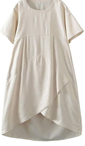 Meilleure qualité coupe ample décontracté robe mi-longue femmes coton lin à manches courtes ourlet asymétrique confortable tenue d'été vêtements de mode - Product Image 6