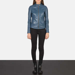Autumn Stand-Up Collar Blue Leather <b>Biker</b> <b>Jacket</b> - Product Image 3
