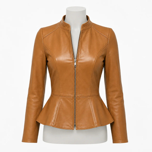 Luxury <b>Women</b> Tan Genuine Leather Peplum Jacket Slim Fit Stand Collar Front <b>zip</b> Elegant Fashion <b>Top</b> OEM Private Label Outerwear - Product Image 1