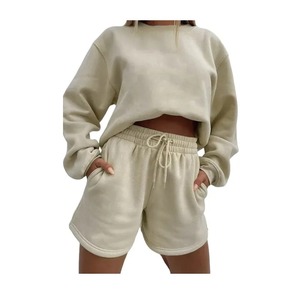 Conjuntos de 2 piezas para mujer, pantalones cortos lisos informales 2025 para mujer europea, camisa Premium 100% de algodón transparente con cuello redondo - Product Image 1