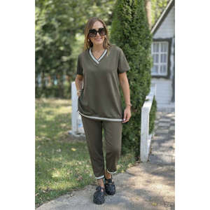 Conjunto de Dos Piezas para Mujer, Blusa de Manga Corta con Cuello en V y Pantalones, 35790 - Negro - Product Image 1
