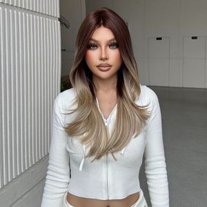 Sophia-DWY Long Wavy Free Part Synthetic <b>Wig</b> Transparent Lace Front for Ombre <b>Brown</b> Blonde Free Part Synthetic <b>Wig</b> - Product Image 6