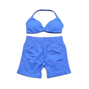 Ensemble de yoga pour femme, soutien-gorge de sport et short de couleur unie, taille haute, longueur cheville, léger, en Spandex/Nylon 220g, vente en gros 2026 - Product Image 2