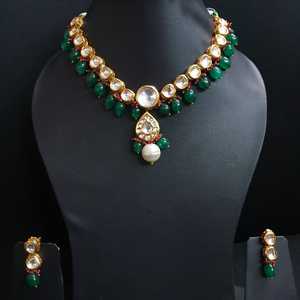 Kundan <b>Necklace</b> with Emerald Color Stone Beading <b>Gold</b> Plated Fine Jewelry Set Featuring Copper Diamond <b>Pearl</b> Zircon for Gift - Product Image 2
