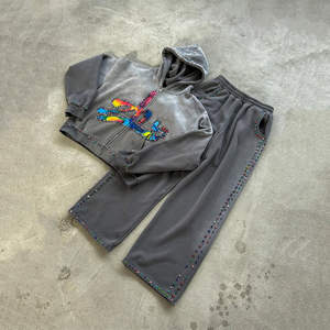 Mens Custom Vintage Winter Set Heavyweight French Terry Cotton Hoodie <b>Pants</b> with Rhinestone Gem Accents Casual Unisex - Product Image 3