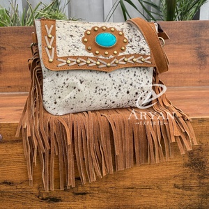 2025 Handcrafted Cowhide Leather Fringe Crossbody Bag With <b>Turquoise</b> Stone Western Boho Sling Shoulder Bag For Women Daily Use - Product Image 1