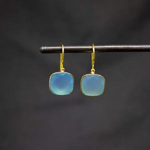 925 <b>Solid</b> Sterling <b>Silver</b> Chalcedony Square Drop <b>Earrings</b> Gold Plated for Wedding or Party Anniversary Gift for Women - Product Image 2