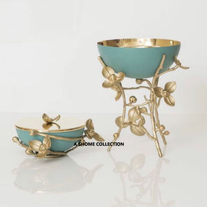 Admirable oro frondoso forma de flor diseño Soporte redondo de acero inoxidable Metal conjunto de 2 Hogar y centros turísticos quemador de incienso - Product Image 1