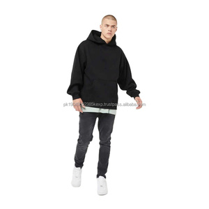 <b>Black</b> Hoodie Ribbed Hem Cuffs Cross Neckline Pullover Style Affixed Cloth Embroidery 80% Cotton 20% Polyester Oversized Hoodie - Product Image 5