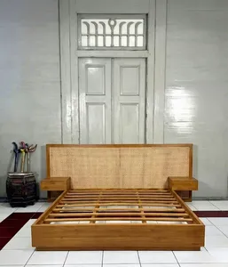 Wood Rattan Upholstered <b>Bed</b> <b>Platform</b> <b>Bed</b> Wooden <b>Bed</b> Frame Bedroom Hotel Furniture - Product Image 4