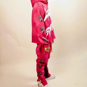Custom Winter Solid Track Suit 100% Cotton High Quality French Terry <b>Cropped</b> 3D for Hoodie Sweatpants Set - Product Image 3