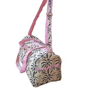 Jaipur Cotton Quilted Travel Duffle <b>Bag</b> with pink palm <b>tree</b> printed and soft long handle Manufacturer's Duffel <b>Bags</b> Collection - Product Image 3