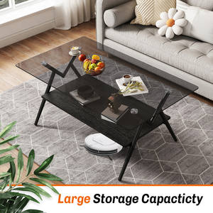 Mesa de Centro Rectangular Moderna con Tapa de Vidrio Templado Resistente y Estante de MDF Negro para Muebles de Sala de Estar - Product Image 3