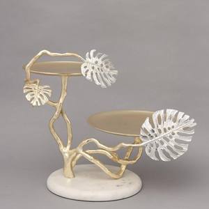 Luxury Gold Monstera Leaf Cake Stand With Marble Base 2 Tier Metal Cake Stand For Wedding Party <b>Buffet</b> <b>Table</b> Centerpiece - Product Image 2