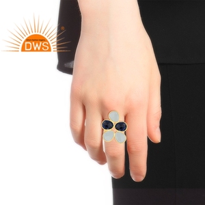 Venta caliente plata esterlina 18K chapado en oro corindón natural azul y aguamarina Calcedonia piedra preciosa Fabricación de joyería personalizada - Product Image 5