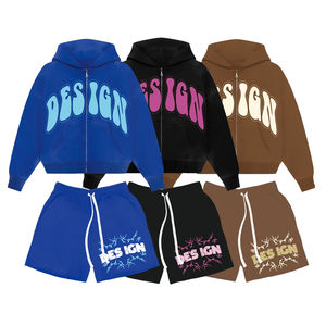 ชุดเซ็ตเสื้อฮู้ดดี้พิมพ์ลายพัฟฟ์ซิปและกางเกงขาสั้นผู้ชาย ผ้าฝ้าย 100% เฟรนช์เทอร์รี่ แบบเรียบ ไม่มีลาย เสื้อฮู้ดดี้ผู้ชายทรงโอเวอร์ไซส์ และกางเกงขาสั้นสีซีดแบบซันเฟด - Product Image 1