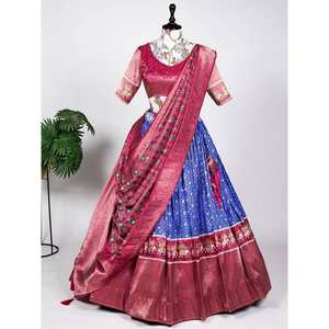 Vestido de Noche Lehenga Choli de Seda Jacquard Azul Magnético con Estampado Digital para Bodas - Product Image 5