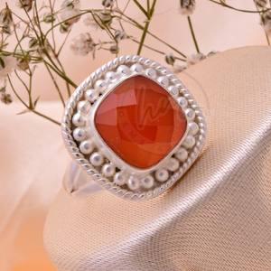 Bague en argent Sterling 925 faite à la main avec pierre précieuse de cornaline rouge à facettes conception de bordure perlée Vintage bijoux en gros pour les femmes - Product Image 2