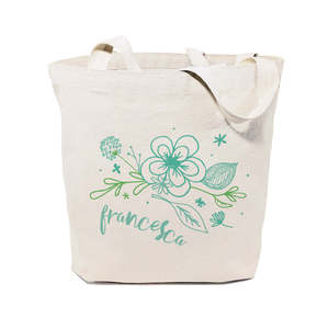 Personalized Aqua Floral Cotton Canvas Tote Bag Embroidery Zipper Closure Fashionable for All Summer Autumn Winter Spring - Product Image 1