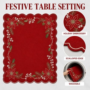 Christmas Placemat Red Embroidered Linen <b>Table</b> <b>Mat</b> Scalloped Edge Holiday <b>Table</b> Decoration for Christmas <b>Dinner</b> Party - Product Image 4