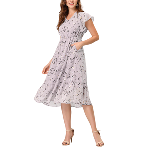 Sostenible sin mangas Floral Wrap Midi Sundress cuello en V con cinturón volantes Bodycon transpirable antiestático OEM servicio disponible - Product Image 3