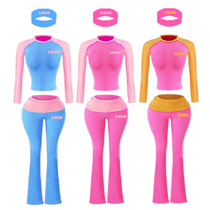 Conjunto de Top Corto de Manga Larga con Ribete en Contraste y Leggings Acampanados para Mujer, Color Sólido, Secado Rápido, Cuello Redondo, Manga Larga, Corte Regular - Product Image 1