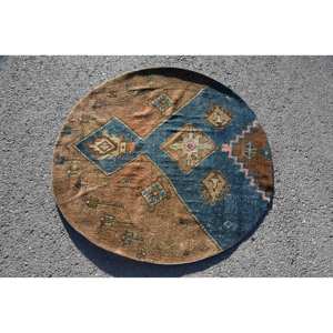 Alfombra turca Vintage de 4,3x4,3 pies, diseño de retazos azul marrón, lana hecha a mano con respaldo de látex para sala de estar adolescente - Product Image 3