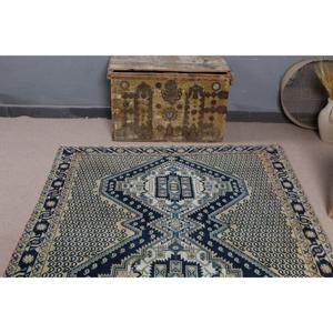 Alfombra Turca de 5x6.6 pies, Alfombra de Lana a Rayas Azules Vintage - Product Image 4