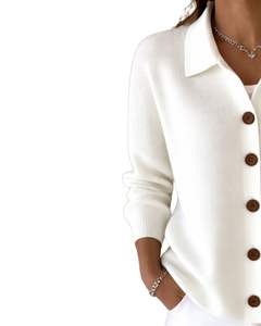 <b>Women</b> <b>White</b> Button Front Knit Cardigan Sweater <b>Long</b> <b>Sleeve</b> Soft Casual Winter <b>Top</b> With Polo Collar For Ladies Fashion Wear - Product Image 3