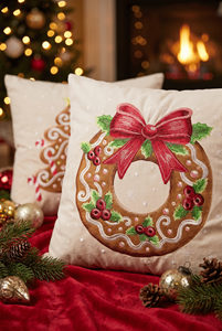 Cream Velvet <b>Throw</b> Pillow Cover with Zipper Closure Removable & Washable Embroidered Gingerbread Wreath and <b>Red</b> Bow Design - Product Image 3