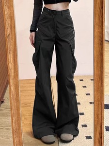 Pantalon cargo rétro pour femmes grandes poches taille élastique cordon jambe large-couleur unie Streetwear simple pour les étudiants - Product Image 6