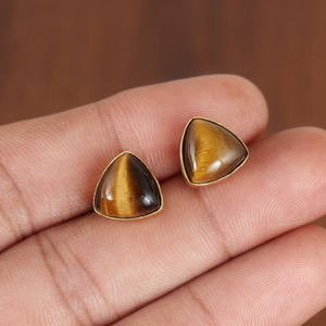 Tiger Eye Triangular Stud <b>Earrings</b> With Gold Tone Push Back Closure | Glossy Geometric Minimal Jewelry For <b>Women</b> - Product Image 1