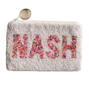 กระเป๋าใส่เหรียญทำมือประดับลูกปัด รูปทรงสี่เหลี่ยมผืนผ้า ปักอักษร NASH สีขาว กระเป๋าผ้า - Product Image 1