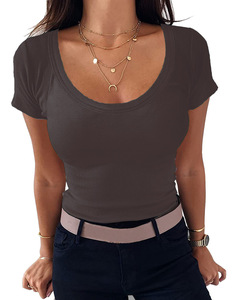 T-shirts à col court personnalisés avec logo OEM, tricot côtelé, coupe ajustée, décontractés, basiques - Product Image 3