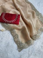 Saree en soie organza et satin non cousu Bangalore avec broderie de paillettes brillantes et chemisier en satin pur comprenant un bandana ethnique