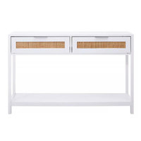 Table console moderne à hauteur réglable en teck massif finition blanche avec 2 tiroirs et tressage en rotin pour salon et hôtel
