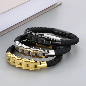 Durable <b>Black</b> <b>Leather</b> <b>Bracelet</b> for <b>Men</b> With Stainless Steel Wire Braiding Gold Plated Clasp Jewelry - Product Image 5