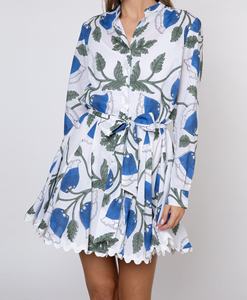 Robe midi en coton imprimé floral bleu-vert style bohème à col en V et manches longues, taille unique, avec sous-robe incluse - Product Image 3