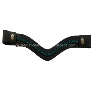 Wave Shape Black Genuine Leather Horse Brow <b>Band</b> Durable Stitching with Green Pearls Bling Chain & <b>Snap</b> Buttons for Loop Closure - Product Image 1