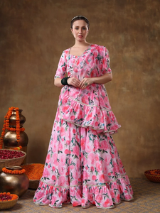 Meraki jannat ชุดผ้าไหมแต่งงานทรงสลิมฟิตแต่งด้วยผ้าลูกไม้ลายดอกไม้สีชมพูทันสมัย - Product Image 3