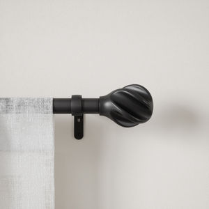 Premium Matte Black Spiral Ribbed Ball <b>Finial</b> <b>Curtain</b> <b>Rod</b> With Black Metal Pole Single Bracket Modern Window Treatment - Product Image 1
