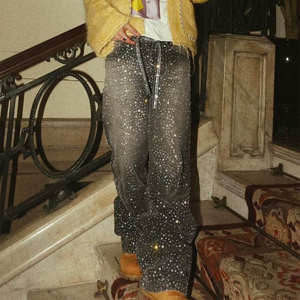 Jeans Vaqueros Rectos de Mezclilla con Bordado Vintage de Alta Calidad Personalizados, con Pedrería, Lavado a la Piedra y Cremallera para Hombre - Product Image 5