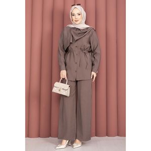 Conjunto de Dos Piezas de Hijab Color Café para Mujer Musulmana, Estampado Floral, Tejido de Crepé, Estilo Casual para Oficina, Chal para Hombros, Lazo para Cintura - Product Image 4