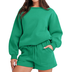 Conjunto Deportivo de Dos Piezas con Capucha de Algodón para Otoño, Sudadera de Manga Larga y Pantalones Cortos de Color Sólido para Mujer - Product Image 1