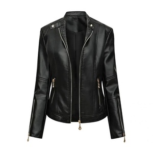 Trendy Women's Black Leather Biker Jacket Breathable Handmade Zipper Closure Slim Fit <b>Stand</b> Collar Stylish Pockets Autumn Modern - Product Image 1