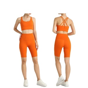 Best Selling Women's Sportswear Yoga <b>Set</b> Two-Piece Solid Color <b>Leggings</b> Shorts Light Weight Gym Clothing with Logo on Waist - Product Image 4