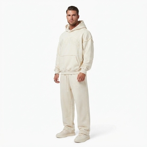 Conjunto de Sudadera con Capucha y Pantalones Deportivos Blancos para Hombre, Estilo Desgastado, de Algodón y Felpa, Talla Grande, Ropa Deportiva Urbana, Venta al Por Mayor OEM - Product Image 2
